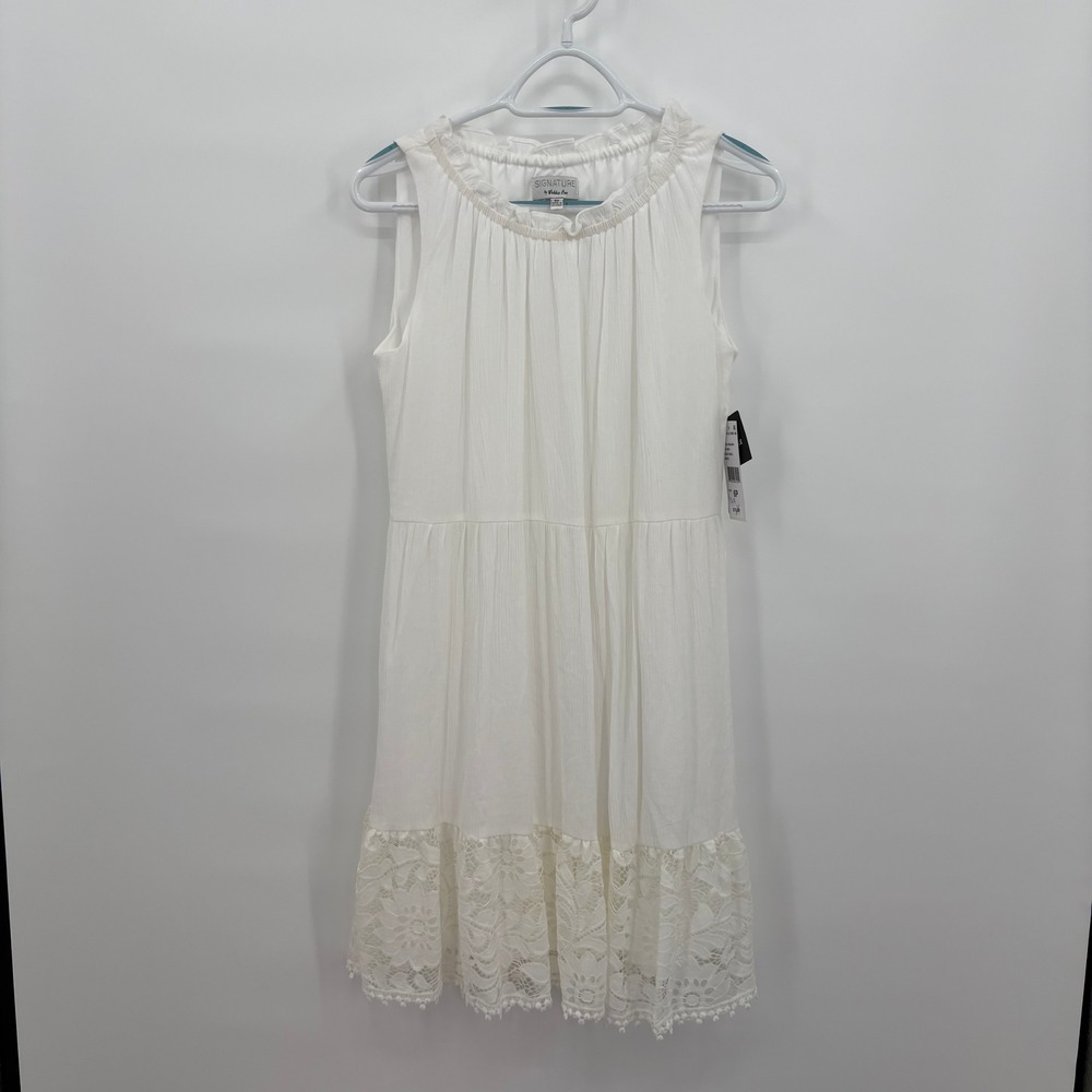 Signature by Robbie Bee White Lace Hem Sleeveless Ruffle Dress 6P NEW NWT